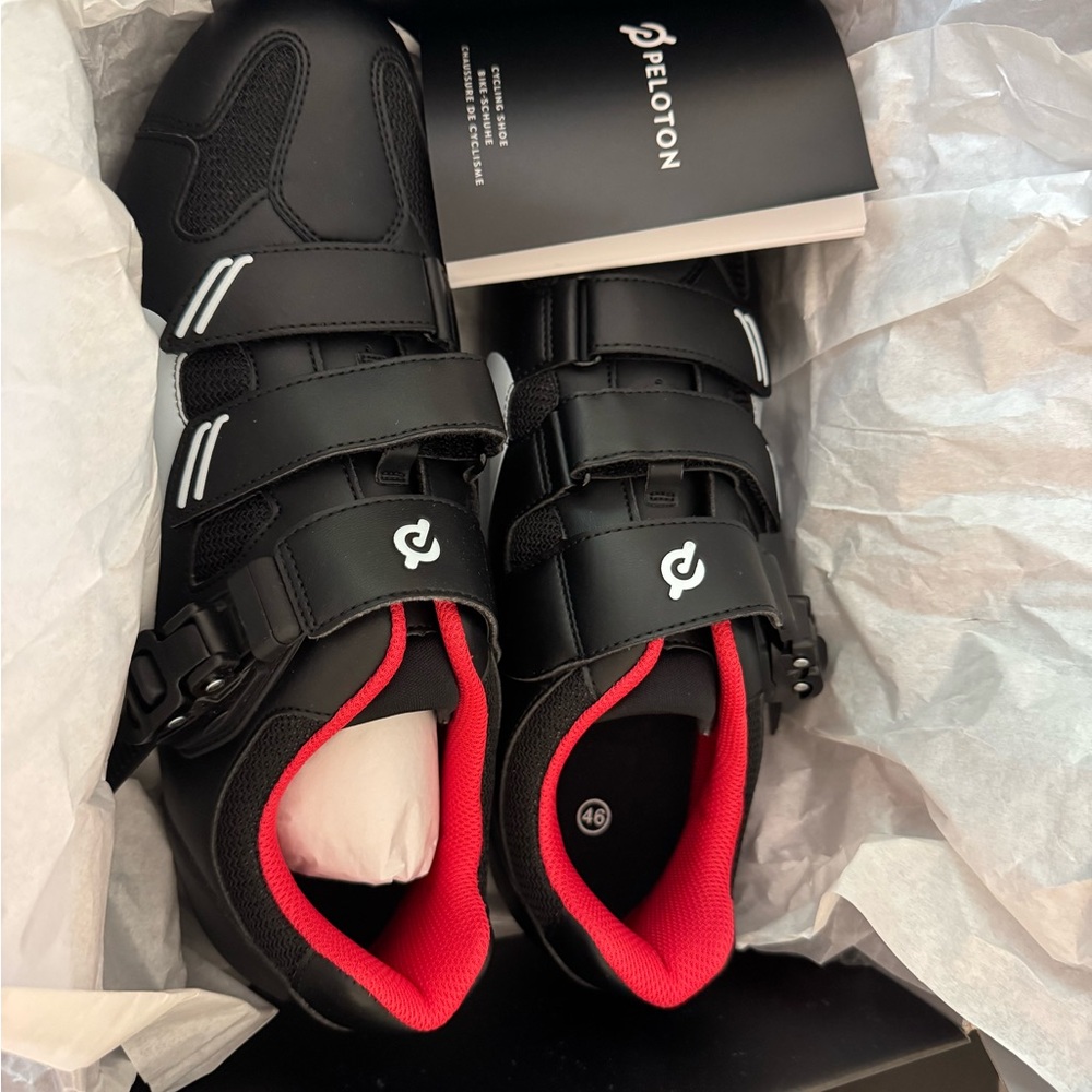 NWT Peloton Black and Red Cycling Shoes with Velcro Straps - size 46 (Mens 12)